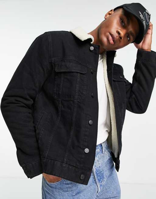 ASOS DESIGN – Czarna jeansowa kurtka w kolorze ecru z podszewką z kożuszka