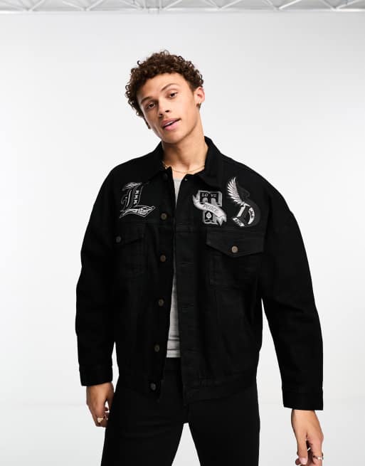 ASOS DESIGN – Czarna jeansowa kurtka z haftowanym wzorem