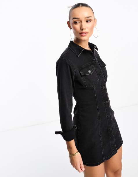 ASOS DESIGN denim long sleeve fitted shirt dress in black