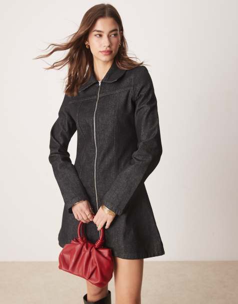 ASOS DESIGN – Czarna jeansowa sukienka koszulowa z zapięciem na zamek - view 1
