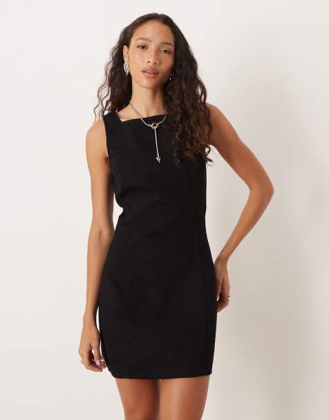 ASOS DESIGN denim shift dress with square neckline in washed black