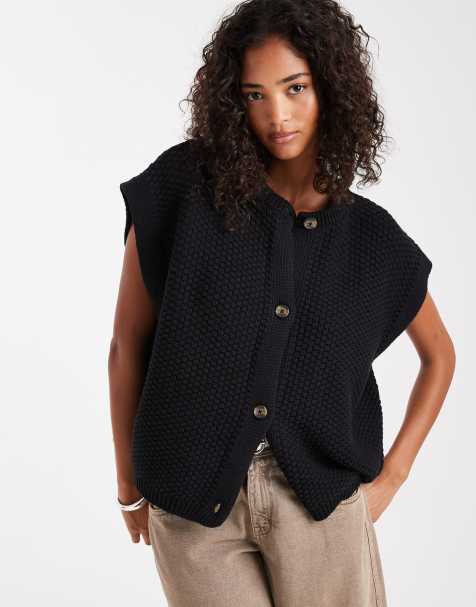 ASOS DESIGN boxy knitted stitch waistcoat with button detail in black