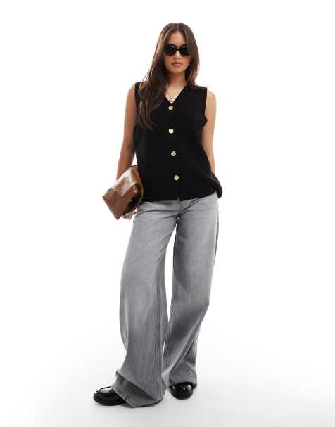 ASOS DESIGN longline boxy fit waistcoat with gold buttons in black