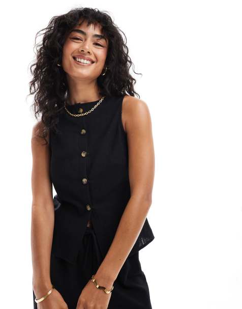 ASOS DESIGN – Czarna kamizelka z imitacji lnu, część zestawu - view 1