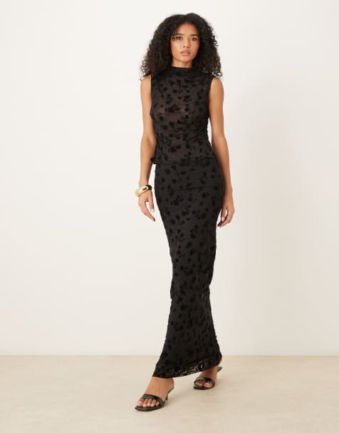 ASOS DESIGN low rise column burn out flocked mesh skirt in black