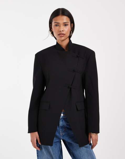 ASOS DESIGN – Czarna kopertowa marynarka z wysokim kołnierzem i guzikami w stylu mandaryńskim - view 1