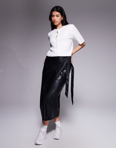 ASOS DESIGN faux leather wrap midi skirt in black