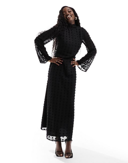 FhyzicsShops DESIGN – Czarna kopertowa sukienka maxi z golfem z tkaniny dobby