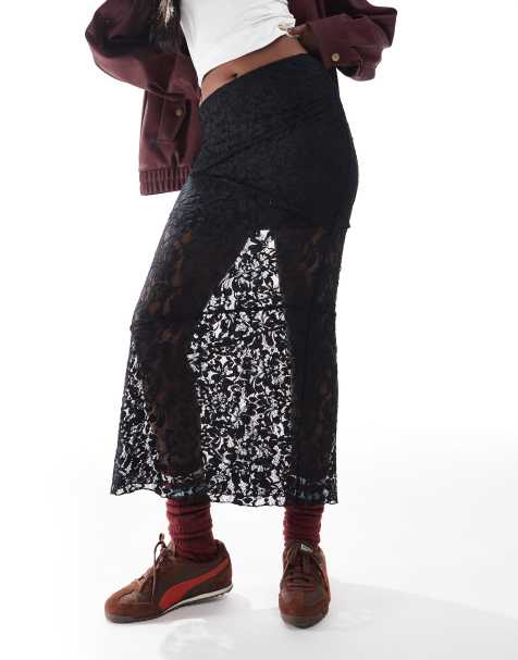 ASOS DESIGN seam detail lace maxi skirt with mini lining in black