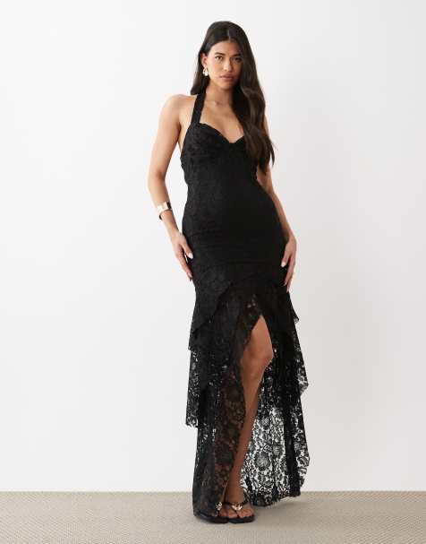 ASOS DESIGN – Czarna koronkowa sukienka maxi o kroju syrenki z dekoltem w kształcie serca - view 1
