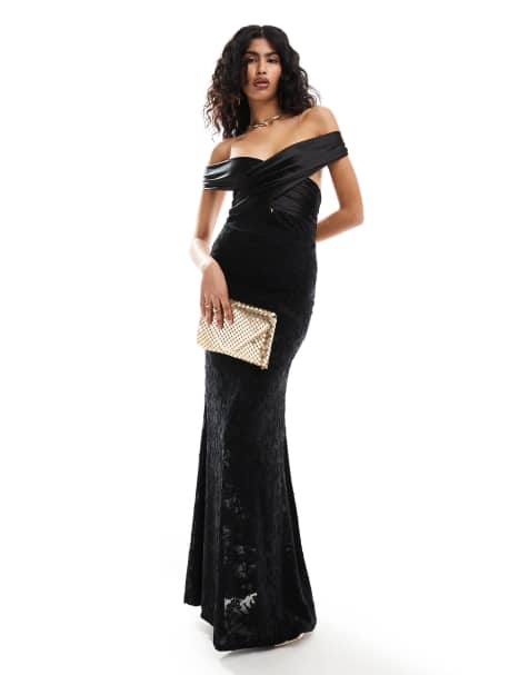 ASOS DESIGN – Czarna koronkowa sukienka maxi z dekoltem bardot - view 1