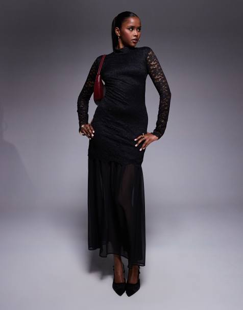 ASOS DESIGN lace bodice drop waist maxi dress in black