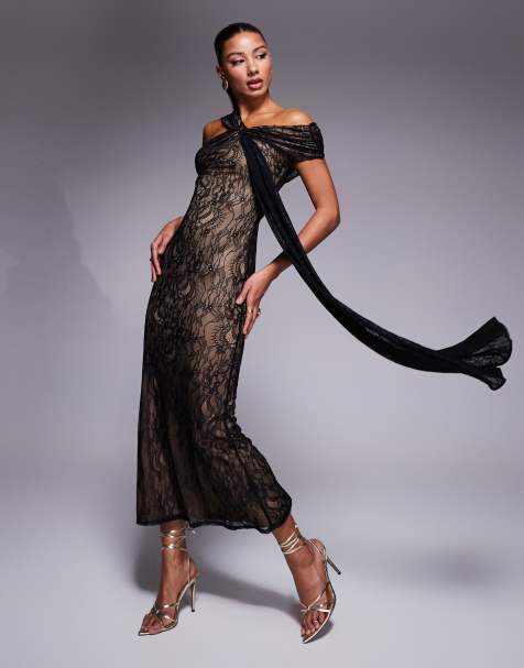 ASOS DESIGN lace twisted off shoulder knot detail midi dress with contrast lining in black