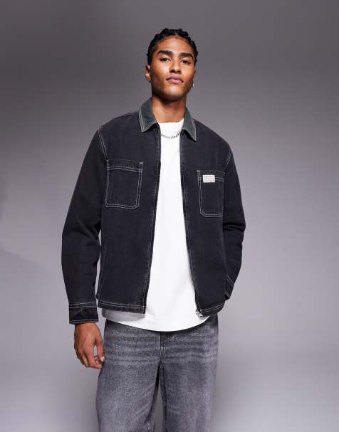 ASOS DESIGN boxy relaxed denim shirt with chest badge in black