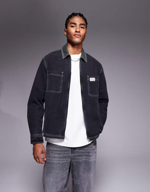 ASOS DESIGN – Czarna koszula jeansowa o luźnym pudełkowym kroju z naszywką na piersi