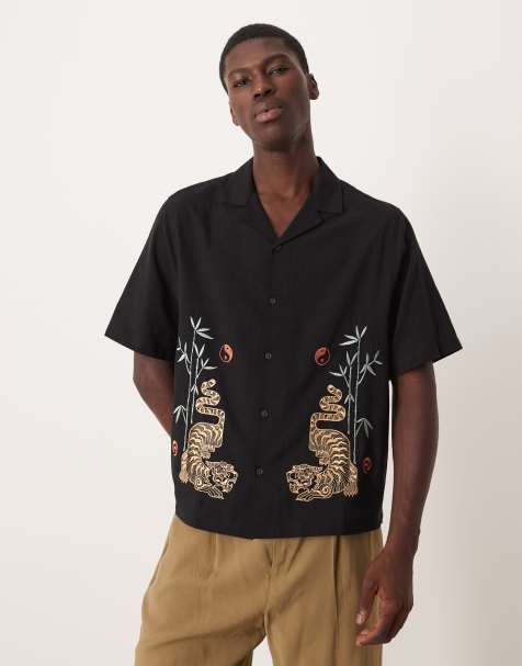 ASOS DESIGN boxy relaxed shirt with embroidery in black