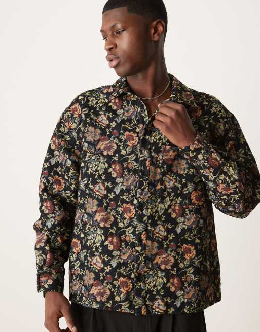 ASOS DESIGN – Czarna koszula o pudełkowym kroju oversize w kwiatowy żakardowy wzór