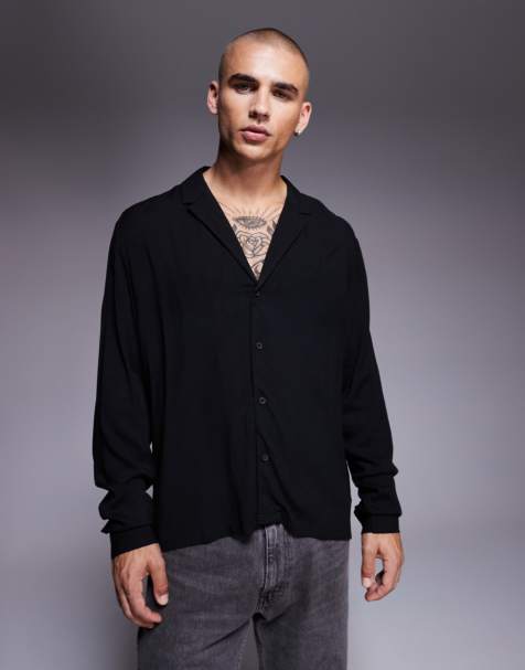 ASOS DESIGN – Czarna koszula o pudełkowym kroju z głębokim kołnierzykiem kubańskim - view 1