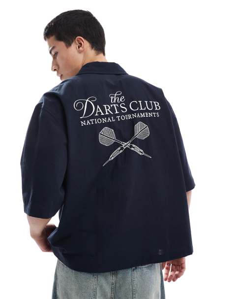 ASOS DESIGN boxy half sleeve regular shirt with back embroidery in black