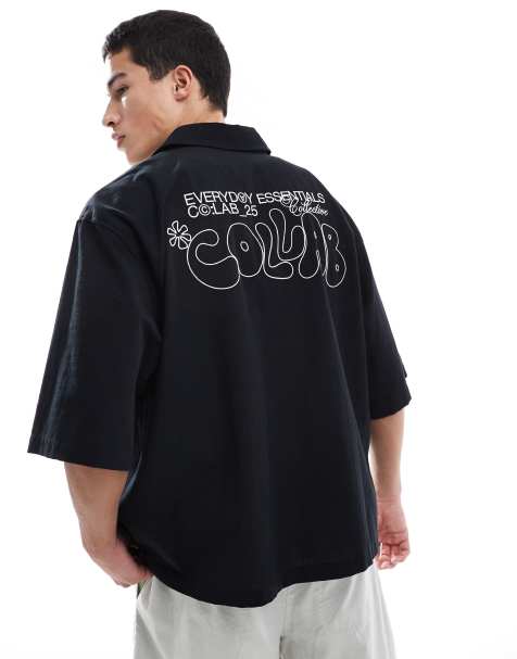 ASOS DESIGN boxy oversized shirt with back print in black