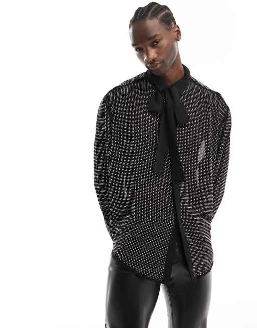ASOS DESIGN – Czarna koszula premium zdobiona strasami, ze zdejmowanym fontaziem 