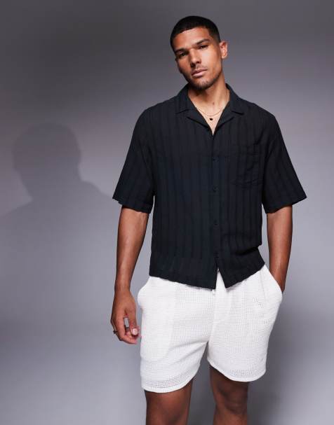 ASOS DESIGN boxy revere broderie shirt in black stripe