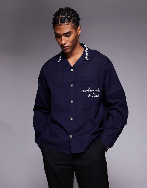 ASOS DESIGN revere shirt with placement print and embroidery in black