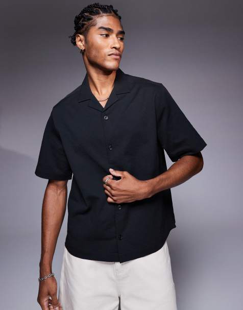 ASOS DESIGN boxy revere seersucker shirt in black