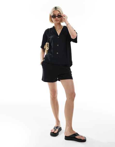 ASOS DESIGN – Czarna koszula z mieszanki lnu z krótkim rękawem - view 1