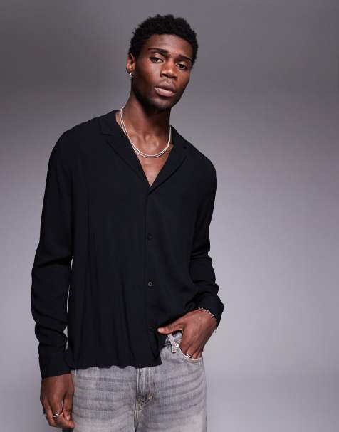 ASOS DESIGN fit viscose shirt with deep revere collar in black