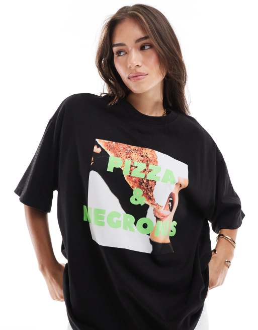 ASOS DESIGN – Czarna koszulka oversize z grafiką i napisem „Pizza & Negronis”