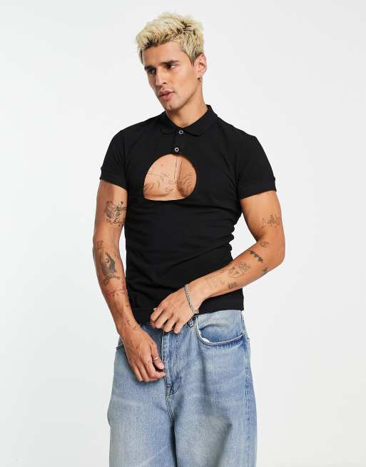 ASOS DESIGN – Czarna koszulka polo o kroju podkreślającym sylwetkę z wycięciem na klatce piersiowej