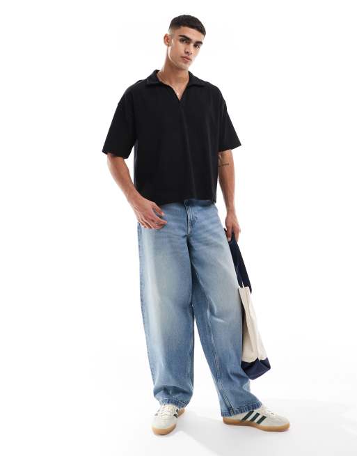 ASOS DESIGN – Czarna koszulka polo oversize z kołnierzykiem kubańskim, 2 z 4