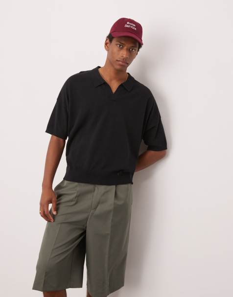 ASOS DESIGN oversized  fit knitted cotton notch neck polo in black 
