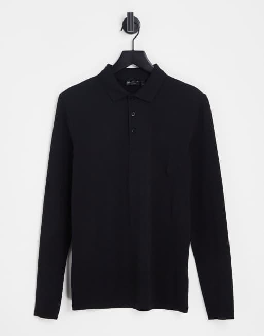 ASOS DESIGN – Czarna koszulka polo z długim rękawem o fasonie podkreślającym sylwetkę