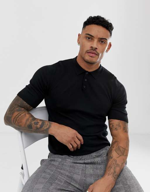 ASOS DESIGN – Czarna koszulka polo z dzianiny o kroju podkreślającym sylwetkę