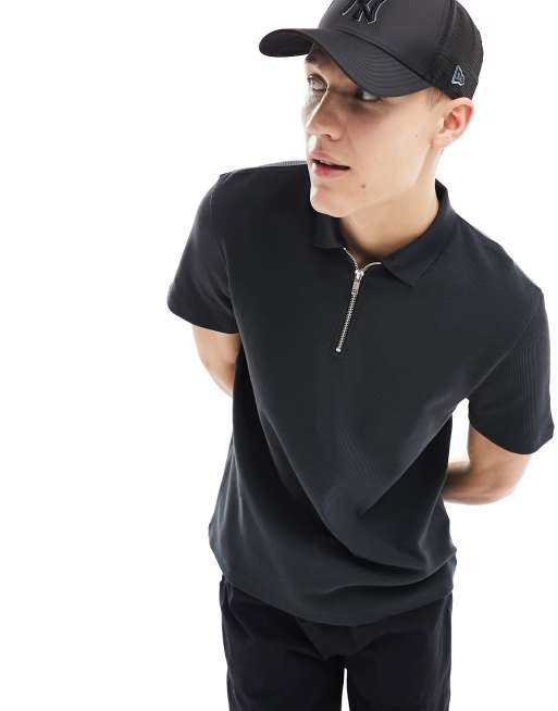ASOS DESIGN – Czarna koszulka polo z zamkiem pod szyją z dzianiny o waflowym splocie