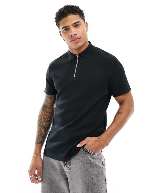 ASOS DESIGN – Czarna koszulka polo z zamkiem pod szyją z dzianiny o waflowym splocie