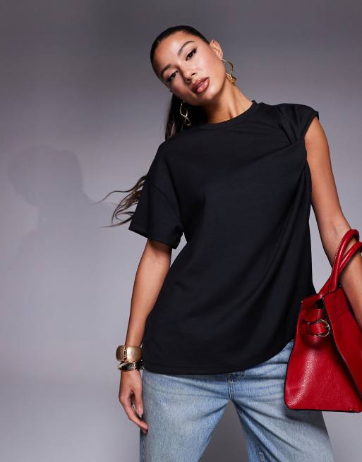 ASOS DESIGN – Czarna koszulka z tkaniny typu nurek ze skręconym elementem na ramieniu