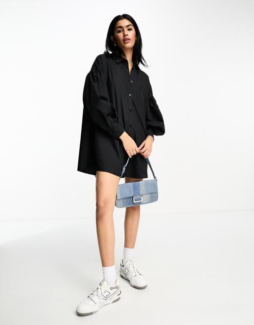 ASOS DESIGN – Czarna koszulowa sukienka mini o fasonie boyfriend z obszernymi rękawami i obcisłymi mankietami 