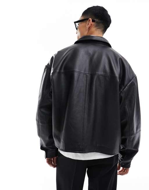 ASOS DESIGN – Czarna krótka kurtka oversize typu coach ze skóry naturalnej, 2 z 4