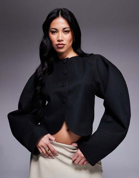 ASOS DESIGN herringbone cocoon sleeve cropped blazer in black