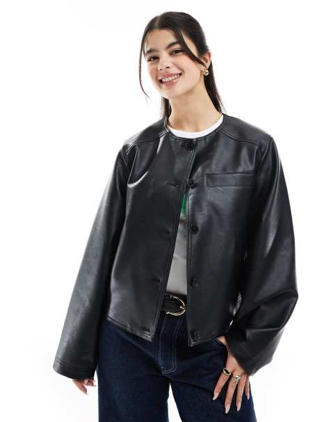 ASOS DESIGN collarless clean leather look jacket in black
