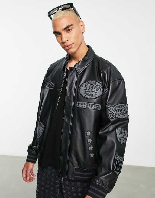 ASOS DESIGN – Czarna kurtka bomberka oversize z naturalnej skóry