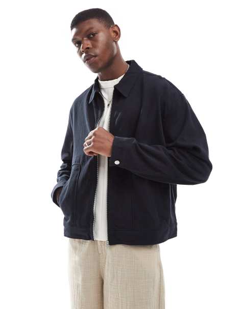 ASOS DESIGN – Czarna kurtka harrington o pudełkowym kroju z domieszką lnu premium - view 1