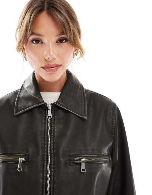 ASOS DESIGN – Czarna kurtka Harrington z imitacji skóry z efektem sprania, 2 z 4