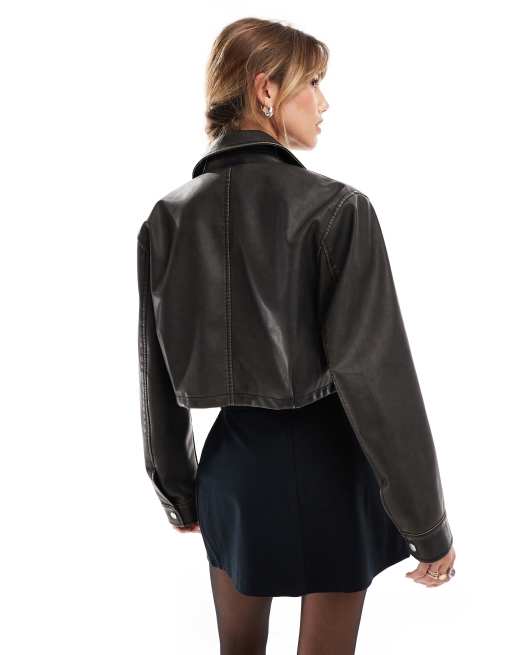 ASOS DESIGN – Czarna kurtka Harrington z imitacji skóry z efektem sprania, 3 z 4