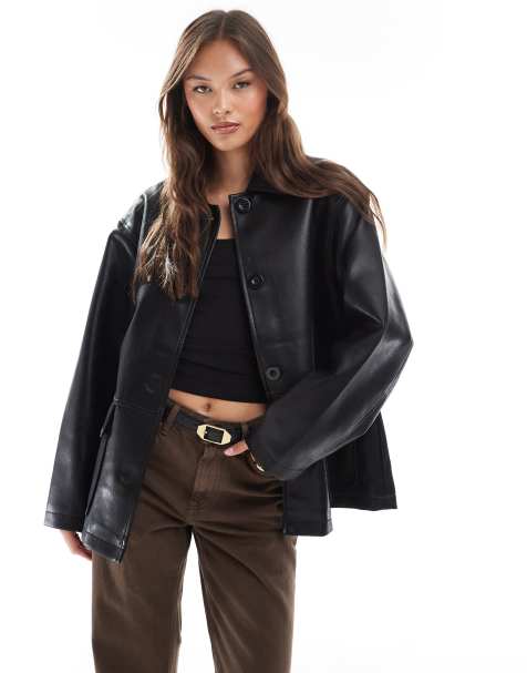 ASOS DESIGN leather look harrington jacket in black