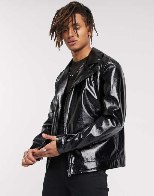 ASOS DESIGN – Czarna kurtka typu biker z imitacji skóry o wysokim połysku