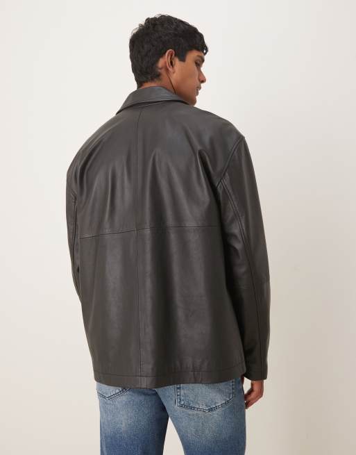 ASOS DESIGN – Czarna kurtka typu harrington z naturalnej skóry, 3 z 5